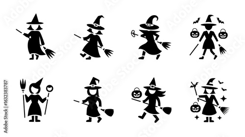 Silhouette witches, various poses, brooms, and accessories.
