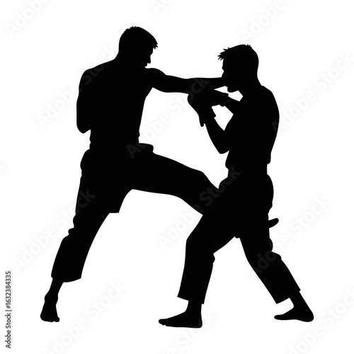 Martial arts training silhouette vector illustration for karate kick and punch self defense techniques on transparent background