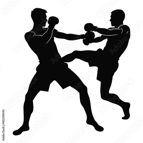 Kickboxing sparring match vector image of two fighters in action silhouette for martial arts training on transparent background