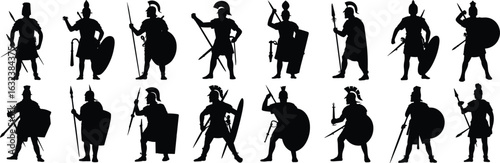 Ancient warrior silhouette vector set, armed fighters with shields and weapons, helmet and armor detail, historical combat pose, battle graphic design