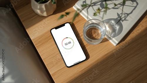 Smartphone displaying heart rate app on wooden nightstand with book and water glass, lit by soft morning light. Calm atmosphere, clean layout, mockup-ready for health or tech campaigns.