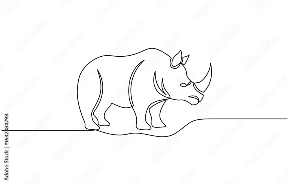 Obraz premium Rhino continuous single line drawing, linear style, one line art, minimal design, Rhinoceros single contour animal, vector Illustration.