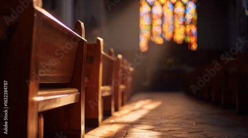 An empty pew in a church bathed in warm sunlight streaming through colorful stained glass windows,