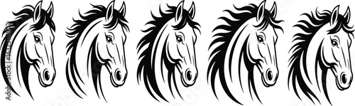 Horse head silhouette vector, black and white design, flowing mane detail, equine illustration, repeated motif, animal graphic, elegant artwork