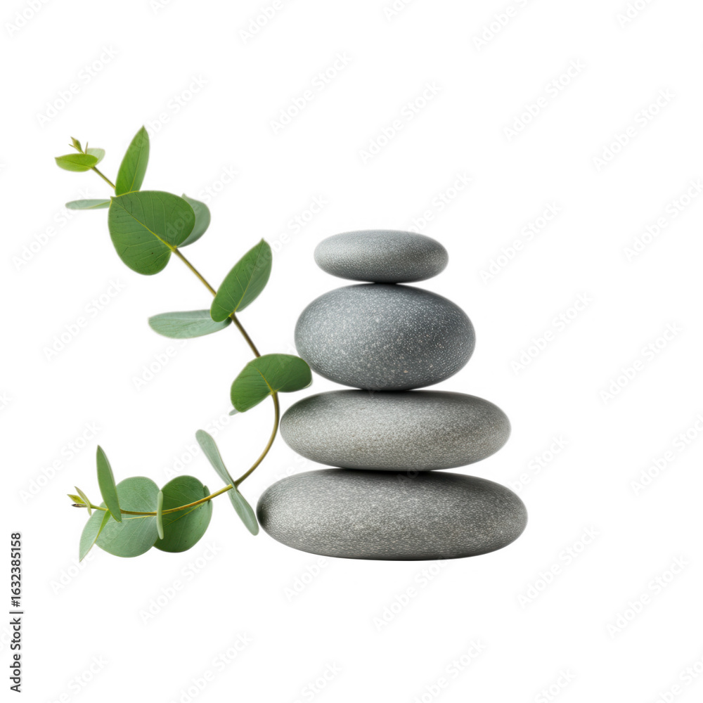 Obraz premium Zen stones stacked with green leaves isolated on transparent background