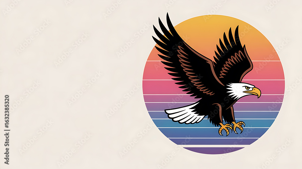 Fototapeta premium Eagle in flight, soaring above colorful sunset.