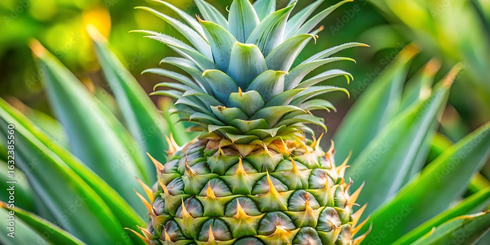Fototapeta premium Closeup of a vibrant and fresh pineapple fruit growing on a tropical plant, showcasing its unique texture and pattern in a natural outdoor setting