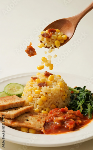 A Floating Burst of Nasi Jagung — Corn Rice with Seasoned Pork and Corn Kernels, Lifted by a Wooden Spoon in a Dynamic Motion Above a Plate with Sliced Cucumber