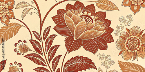 Abstract Intricate floral patterned wallpaper in warm brown tone background with texture.