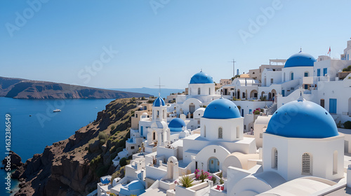 Oia Santorini's iconic blue-domed churches overlooking the island's volcanic caldera and the Mediterranean Sea