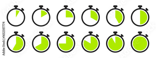 Stopwatch icon set in green color on white background. Collection of countdown timer and clock symbols. Vector illustration of stopwatch icons for time tracking and scheduling use.