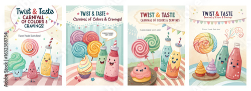 Set of four posters featuring animated desserts with cupcakes ice creams and lollipops in vibrant colors