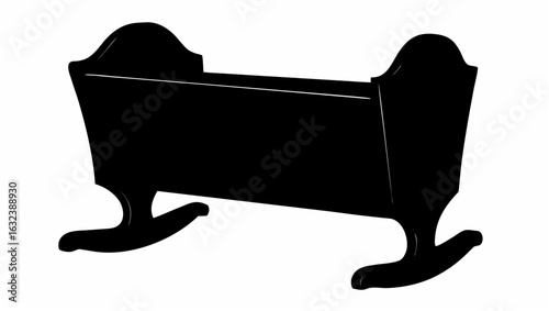 Silhouette illustration of a vintage rocking cradle with curved headboards and rocking base design detail