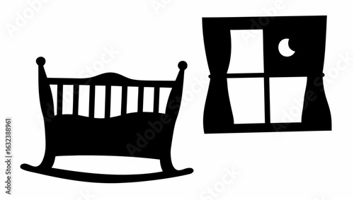Silhouette of a baby cradle with spindles and a window with curtains and a moon in the night sky