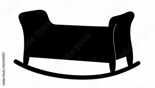 Silhouette of a baby cradle with curved rocking base and solid side panels in black and white design style
