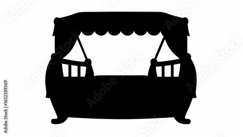 Silhouette of a four poster bed with curtains and a scalloped valance in a simple black and white design