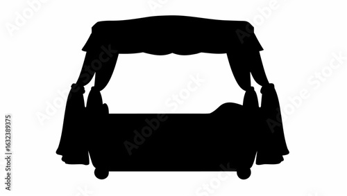 Silhouette of a four poster bed with curtains and canopy in a dark monochrome style on a white background