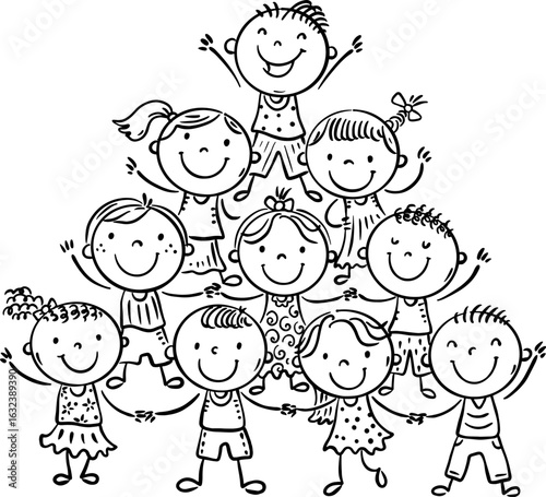 Line art illustration of doodle kids. Many happy children standing and holdin...