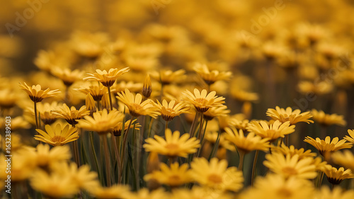 Golden field of small flowers creates a warm, sunny, and vibrant natural landscape.