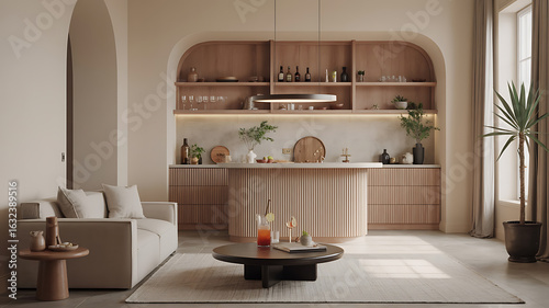 Warm, inviting living space with wooden built-ins, soft textures, and natural light.
