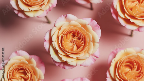 Delicate orange and pink roses scattered across a soft, blurred pink background.