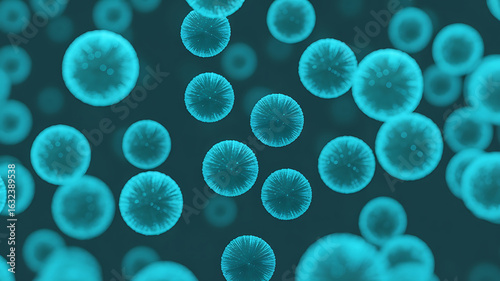 Numerous glowing, spherical forms float in a dark blue space, evoking microscopic life and scientific discovery.