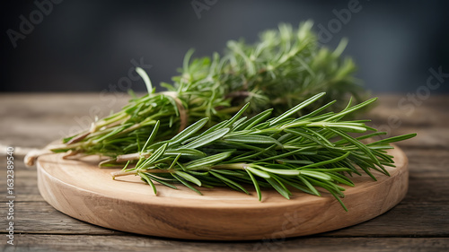 Fresh rosemary sprigs rest on a wooden cutting board, evoking culinary aromas and natural flavors.