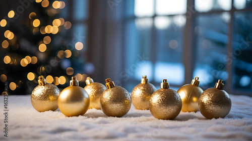 Glistening gold ornaments arranged on a snowy surface, festive holiday decorations, warm ambient light.