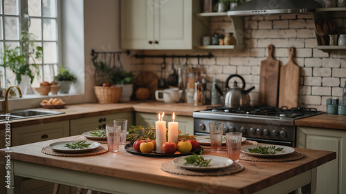 Cozy kitchen with wooden accents, warm lighting, and a bountiful table setting.