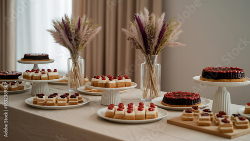 An assortment of cakes and pastries displayed with dried floral arrangements, creating a festive scene.