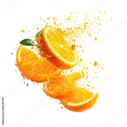 Orange slices exploding in a burst of golden particles against a black background.  Fresh, vibrant orange segments with a green leaf