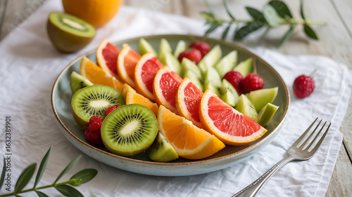 Fresh fruit platter with kiwi, oranges, grapefruit, and raspberries on a ceramic plate.
