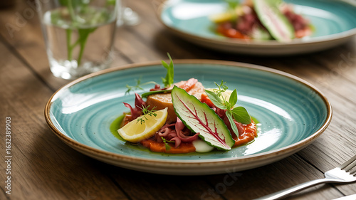 Fresh salad with watermelon, citrus, and greens artfully arranged on a turquoise plate.