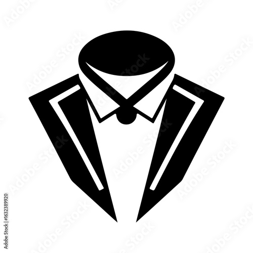 Chic tuxedo icon presents a sophisticated design for upscale branding and modern logos, offering elegance with a formal shirt and bow tie.