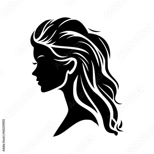 Elegant woman silhouette features flowing hair in a minimalistic design, perfect for beauty, fashion, or spa related branding needs.