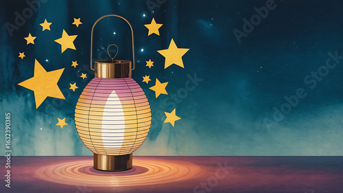 Glowing lantern radiates light amidst a starlit backdrop, evoking warmth and enchantment.