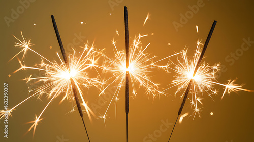 Three sparkling fireworks burst with vibrant golden sparks against a dark background.
