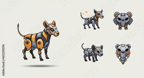 Futuristic Mecha Animal Menagerie: Cartoon Robot Dog, Elephant, and Bear Set
