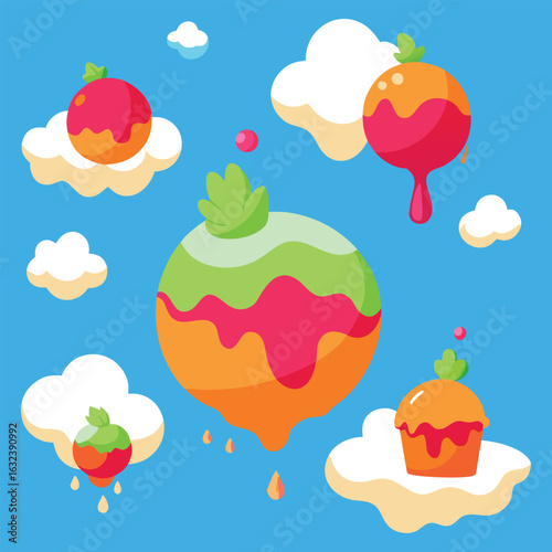 Vector art of colorful fruits and desserts floating on clouds in a blue sky
