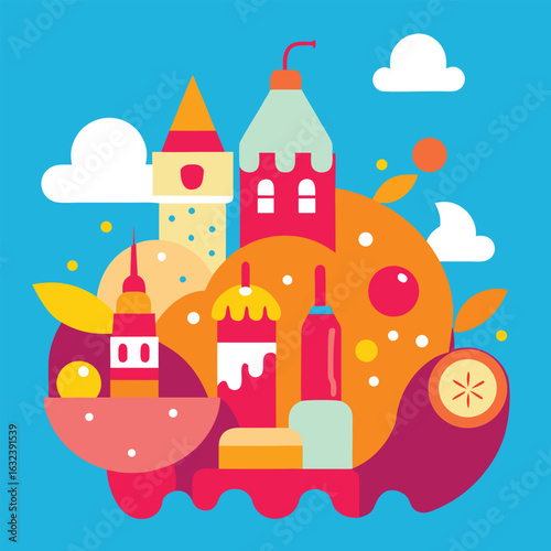Vector art of whimsical cityscape with colorful buildings and abstract shapes on blue background