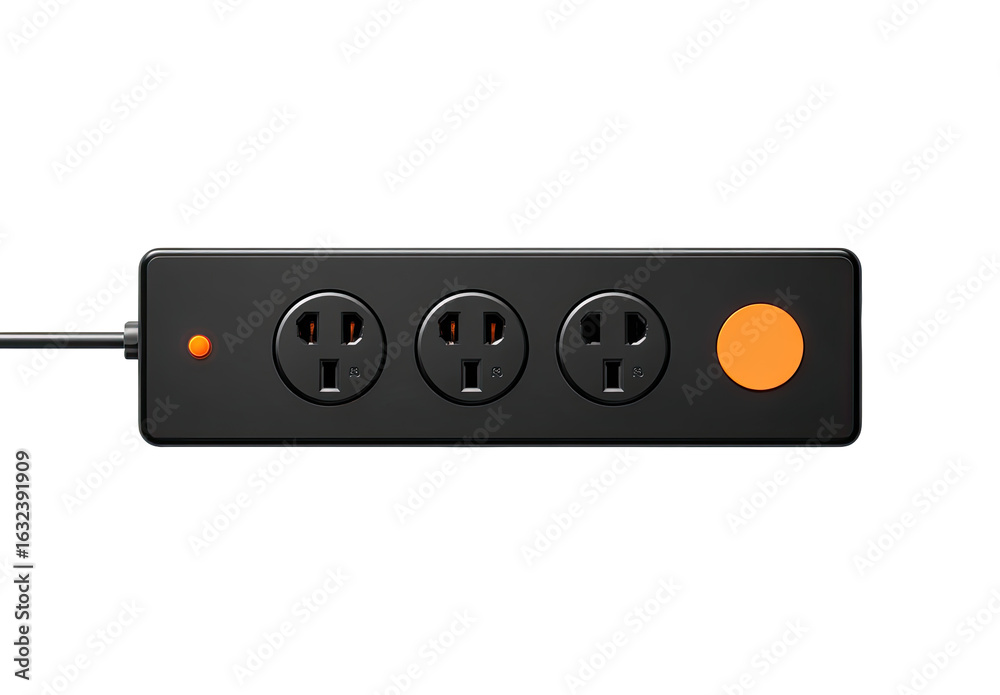 Fototapeta premium Black power strip with three outlets and orange indicator