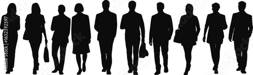 Silhouettes of business professionals walking, teamwork, corporate environment, office workers, professional attire, diverse group, leadership, success, unity, collaboration, motion