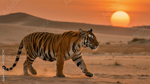 A majestic tiger strides across a sandy landscape under a vibrant sunset sky.