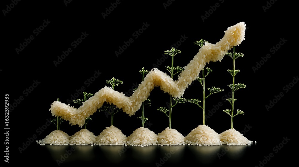 Naklejka premium A rising graph showing the prices of rice and agricultural crops, symbolizing the financial implications of global food shortages and crises.