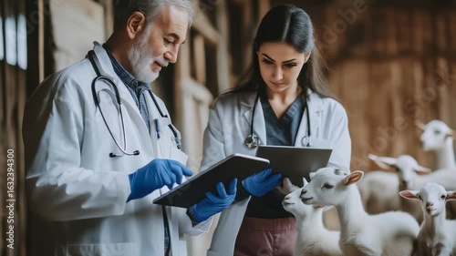 Two veterinarians, one senior, one younger, are examining young goats in barn. They are using tablets for diagnostics. scene shows modern veterinary practice in agriculture.
