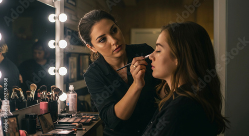 Makeup artist applying beauty cosmetic on face model in studio with brushes and mirror for glamour look