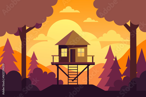 treehouse forest golden hour view cabin trees cozy retreat