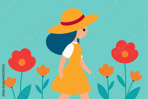 girl sunhat walking flower field bloom summer sunny outdoor