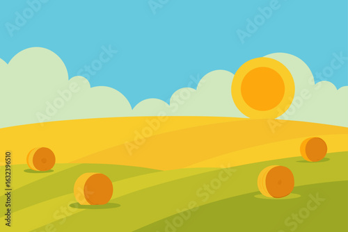 Field with Hay Bales in Sunset