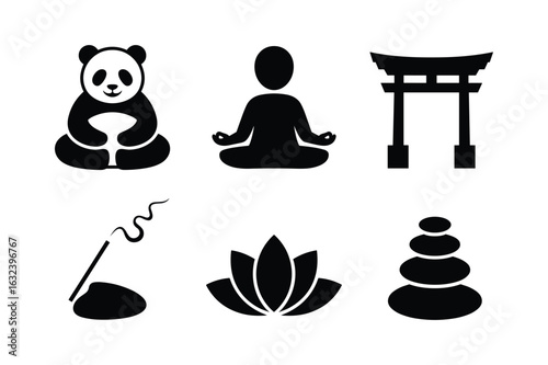 Minimalistic black silhouette icons of panda meditation torii gate incense lotus and stacked stones